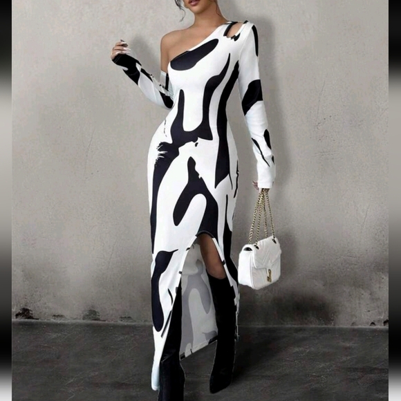 Women Asymmetrical Hem Off Shoulder Fitted Elegant Abstract Print Dress - Picture 1 of 5